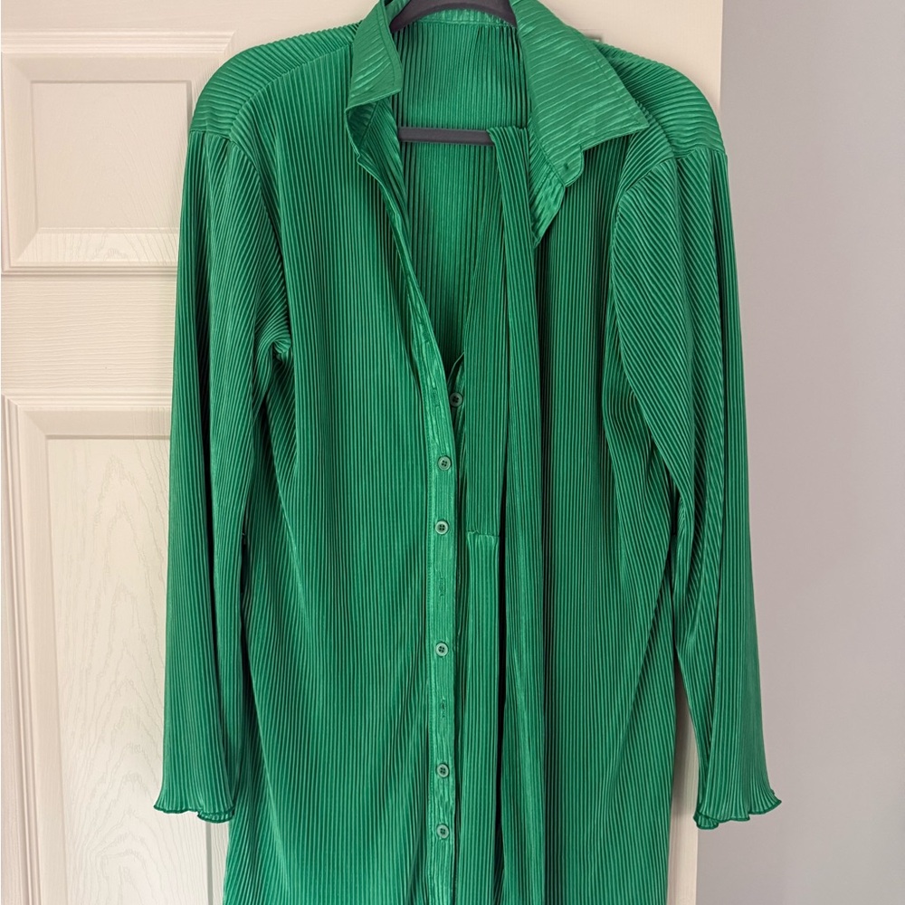 Green Pleated Button-Up Dress with Tie